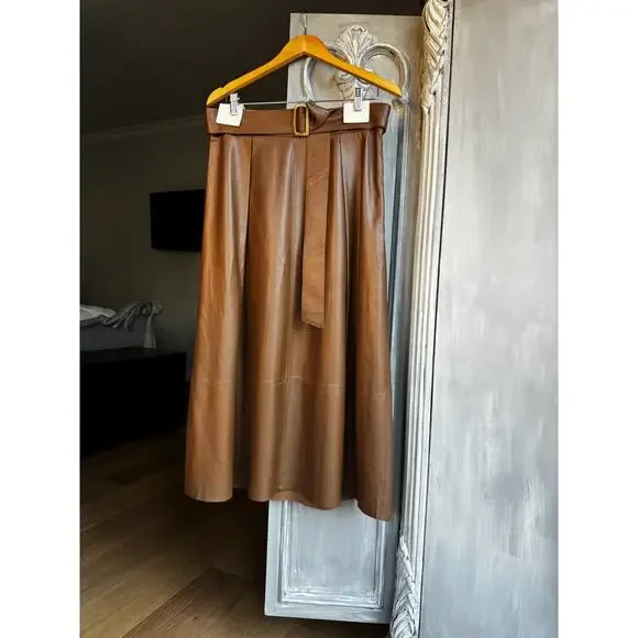 Vince Midi Skirt Tan Belted Lamb Leather A-line High Waist Luxe Minimalist Sz 10